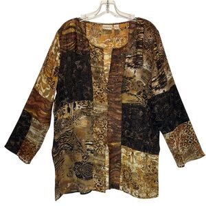 Chico's Brown & Gold Silk Linen Blend Patchwork Tunic - Large (Chico’s Size 2)